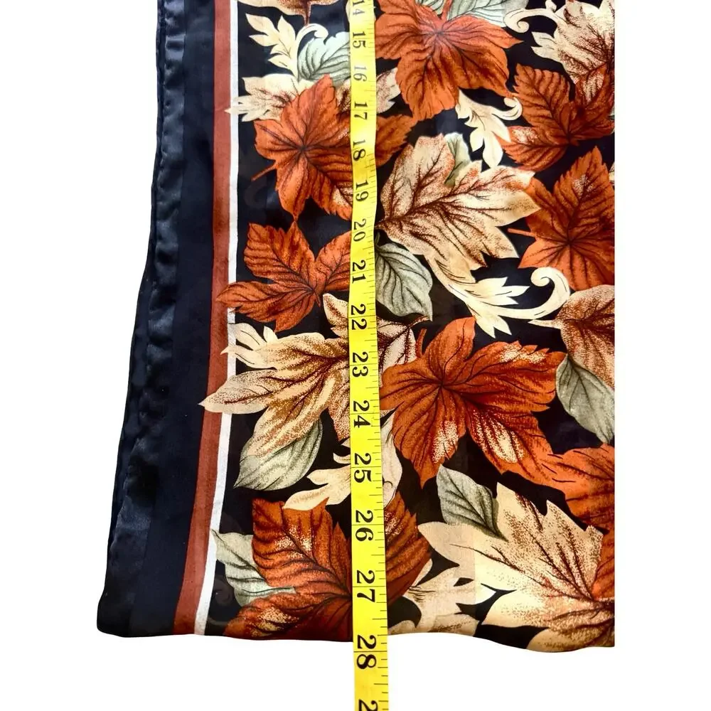 Vintage Bill Blass 80s Silk Autumn Leaf Print Scarf Black Rust 13x56